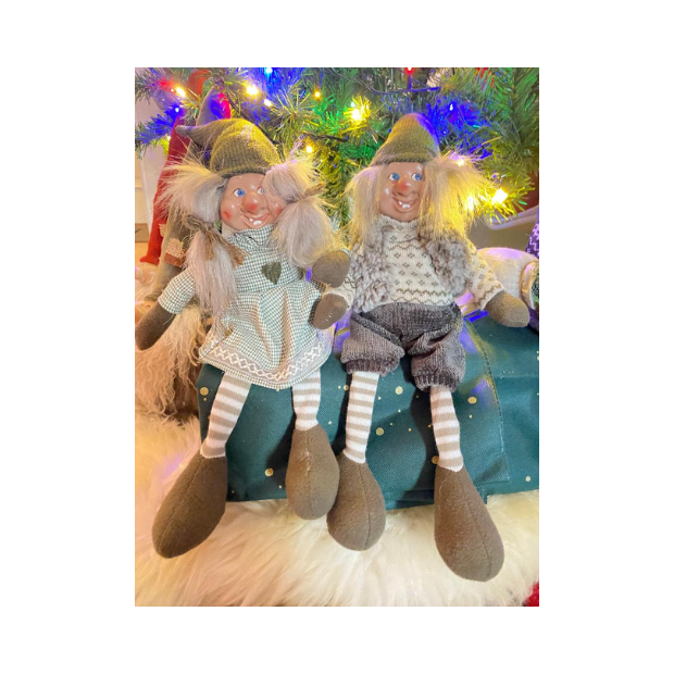 Seated Troll Gnome Couple - Fabric, Dangling Legs - Trollnisse 33/50 cm sittende grønn