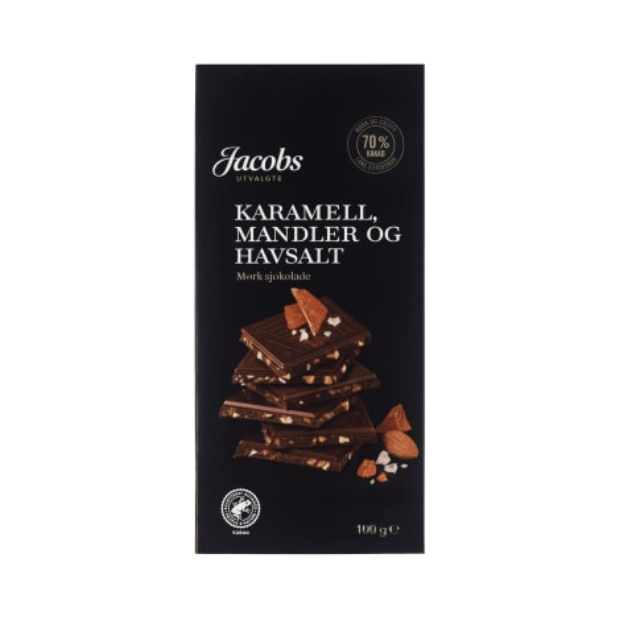 Dark Chocolate 70% Caramel/Almond/Sea Salt 100g Jacobs Utvalgte (Sjokolade Mørk 70% Karamell/Mandel/Havsalt) | Chocolate | All season, chocolate, Party, Snacks | Jacobs Utvalgte