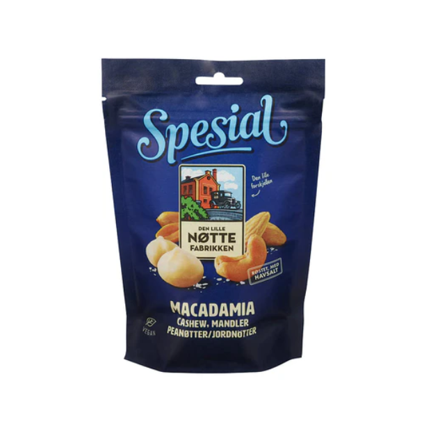 Special Nuts (Peanuts, Macadamia, Cashew, Almonds) 190g (Dln) | Mix Nuts | All season, Nuts & Seeds, Party, Snacks, Vegan | Den lille nøttefabrikken