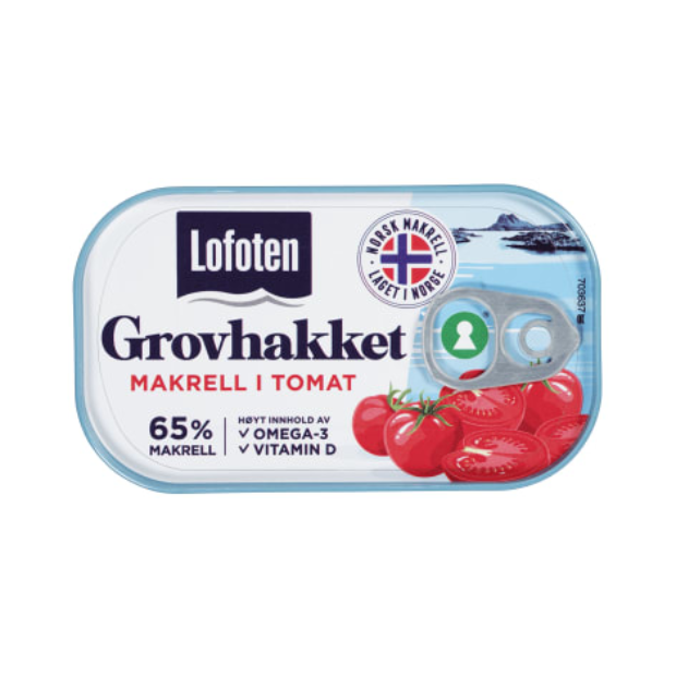 Mackerel in Tomato Coarsely Chopped 110g – Grovhakket Makrell i Tomat by Lofoten | Fish Spread | All season, Fish Spread, Snacks, Superdeals | Lofoten