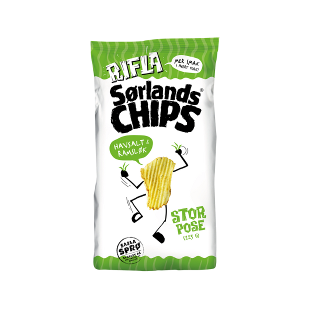 Sørlandschips Original Rifla Havsalt & Wild Garlic 225g - Havsalt & Ramsløk | Potato Chips | All season, Potato Chips, Potato Snacks, Snacks | Sørlandschips