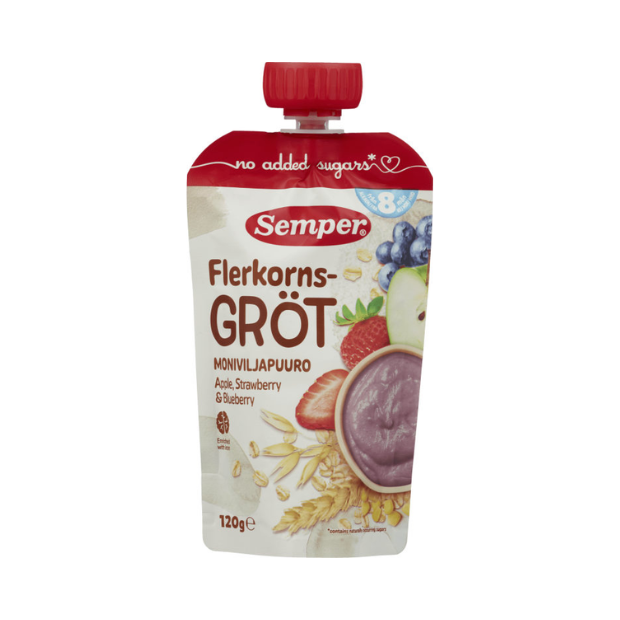 Semper Multigrain Porridge with Apple, Strawberry & Blueberry - Flerkornsgrøt Eple,Jordb,Blåb 120g Semper