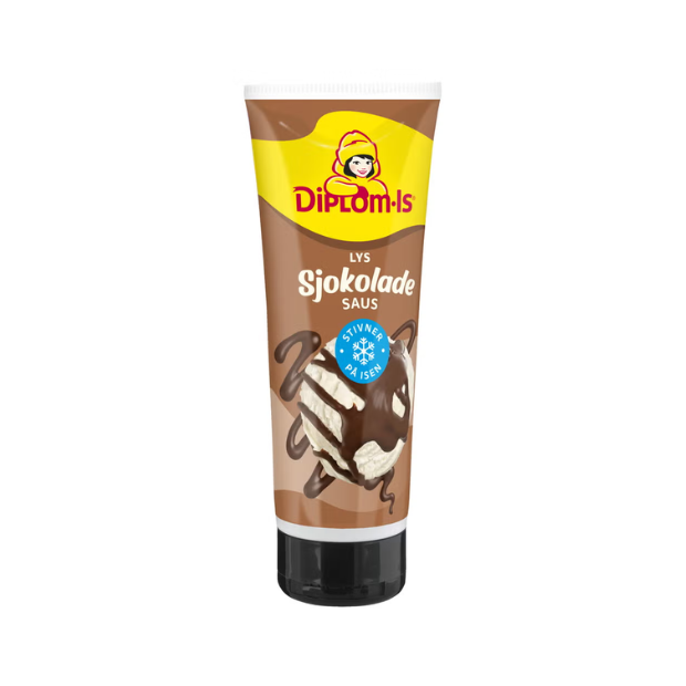 Light Chocolate Sauce Hardens on Ice Cream - Lys sjokoladesaus Stivner På Isen, 250g Diplom-Is