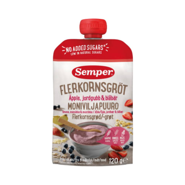 Multigrain Porridge Apple, Strawberry, Blueberry 120g Semper (Flerkornsgrøt Eple,Jordb,Blåb) | Baby porridge | Baby Food | Semper