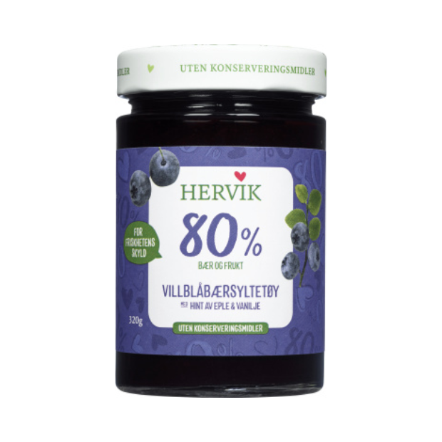 Blueberry Jam 80% Fruit - Blåbærsyltetøy 80% Frukt 320g Hervik