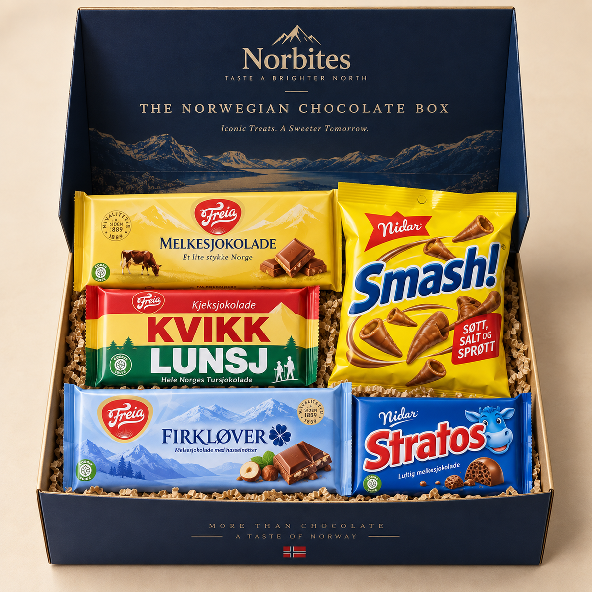 The Norwegian Chocolate Box with Freia Milk Chocolate, Kvikk Lunsj, Smash, Firkløver and Stratos